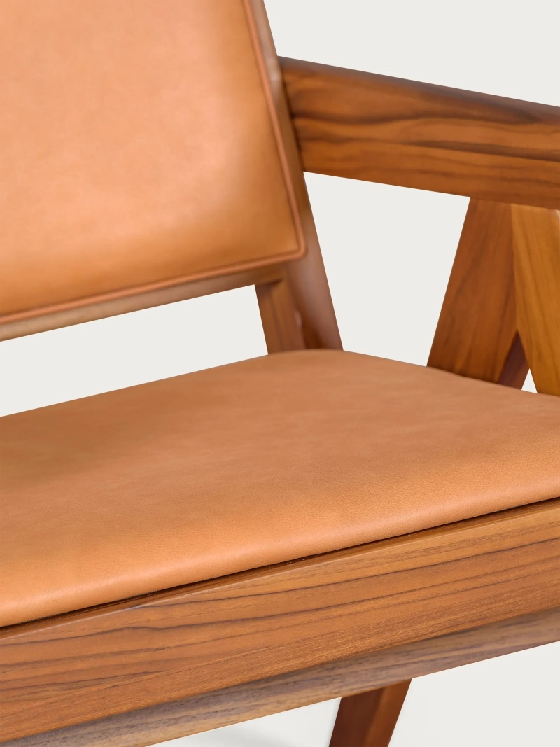 Fauteuil vintage avec accoudoirs en bois de teck et cuir italien - Compass NEST DREAM - 1