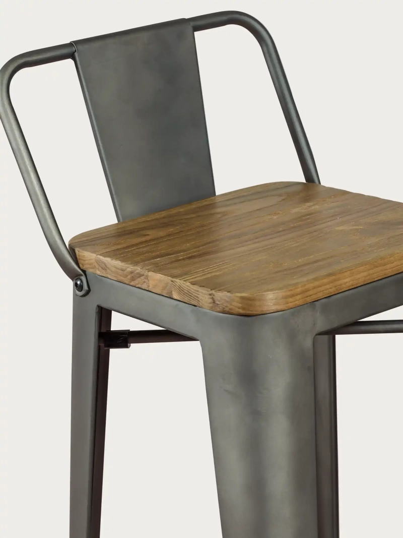 stool industrial in aged steel with low backrest and wooden seat - Bistro NEST DREAM - 3