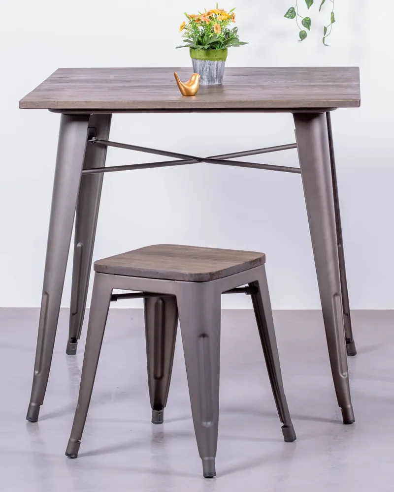 Industrial table in aged steel and dark wood | Matching chairs available