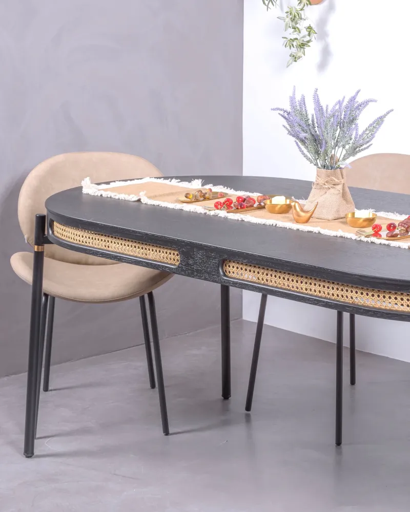 Masă de dining retro cu detalii din rattan (180x90) | Plată în rate