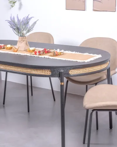 Mesa de jantar retrô com detalhes em rattan (180x90) | Pague em parcelas