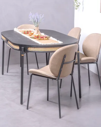 Masă de dining retro cu detalii din rattan (180x90) | Plată în rate