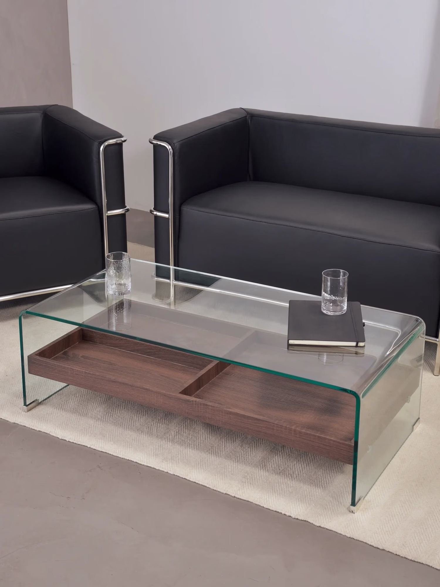 Coffee table in curved glass with wooden drawer - Pot NEST DREAM - 1