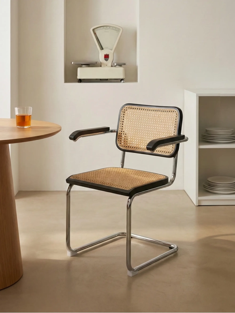 Silla retro con reposabrazos en ratán natural y madera de haya - Frank NEST DREAM - 1