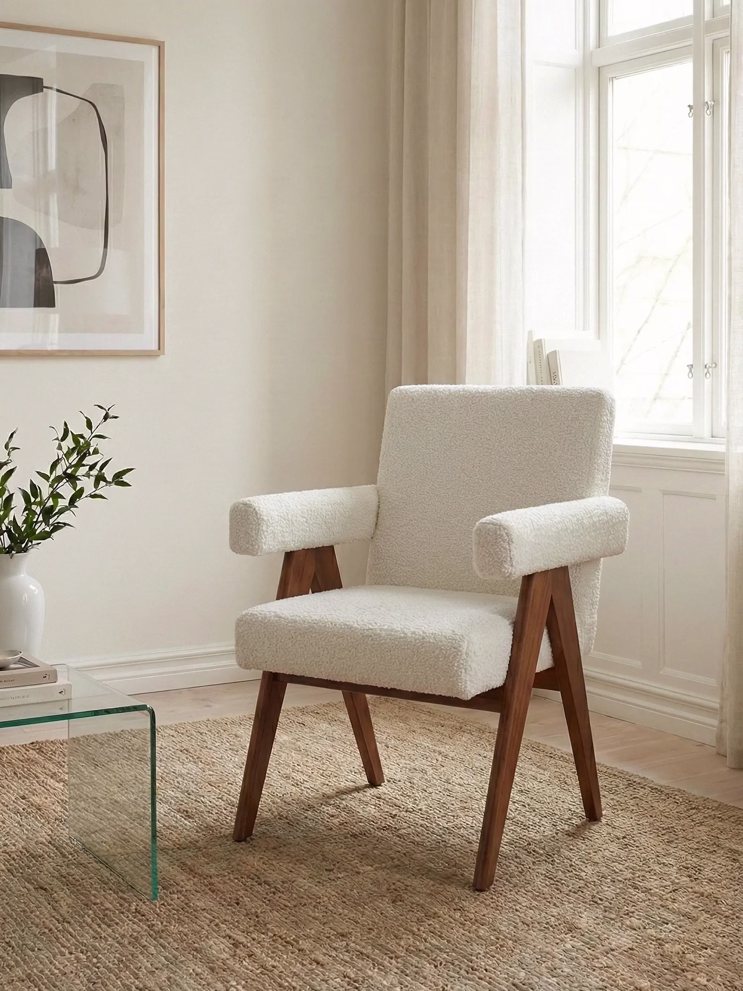 Rustieke fauteuil met armleuningen in teakhout en bouclé stof - Compass NEST DREAM - 1