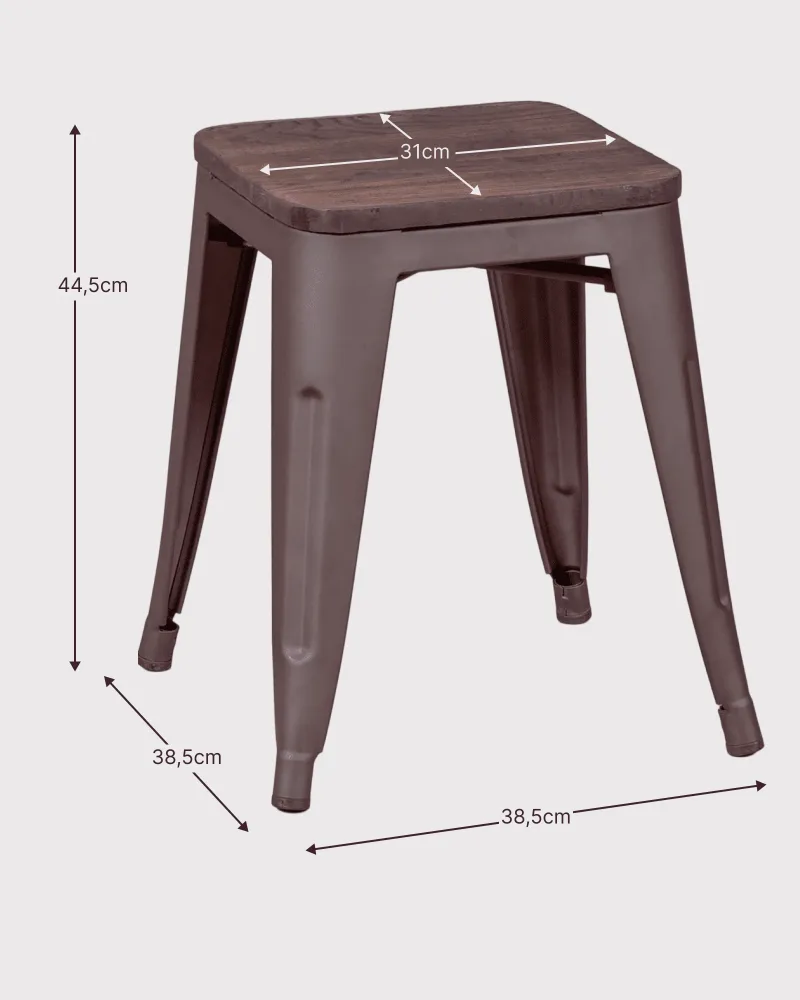 Niedriger Industriehocker aus gealtertem Stahl und Sitz aus Holz | Nest Dream