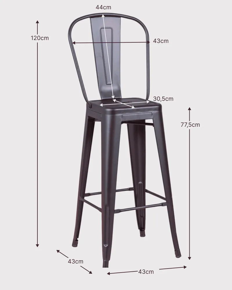 Tabouret industriel en acier métallisé avec dossier haut | Nest Dream