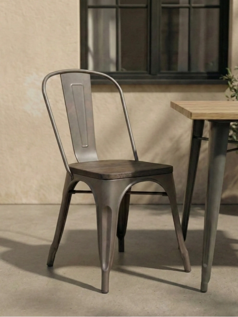 Cadeira industrial envelhecida com assento em madeira escura - Bistro NEST DREAM - 1