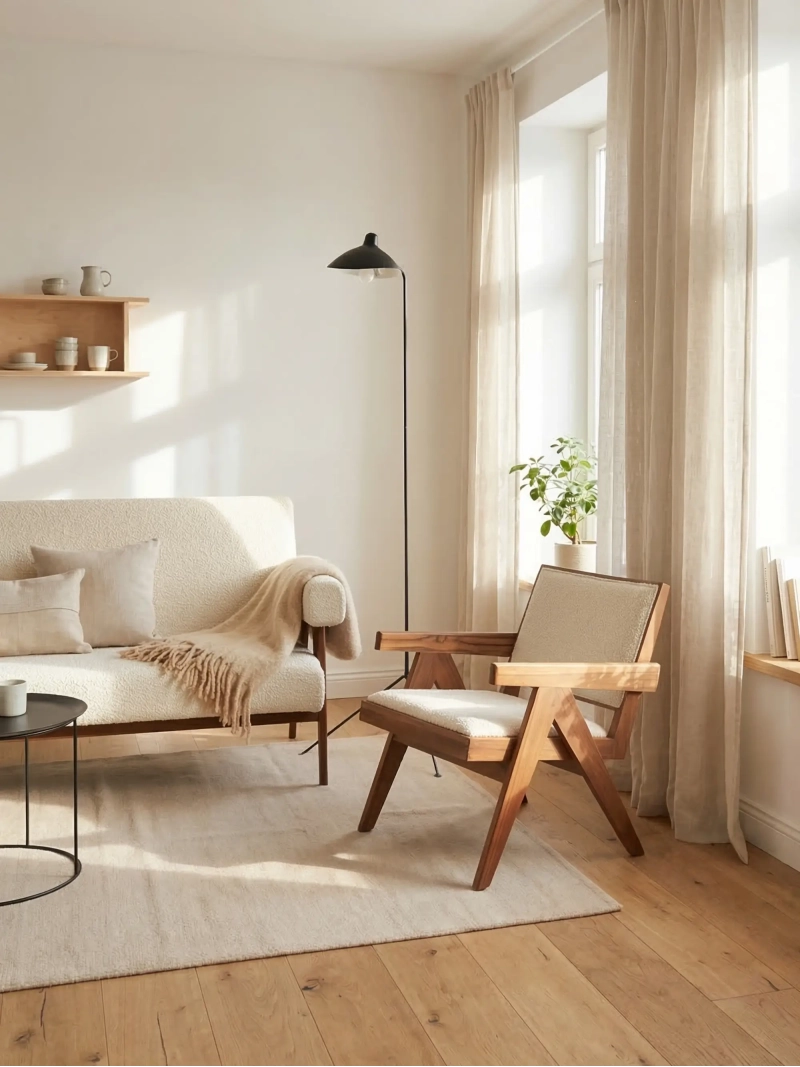 Klasszikus karosszék karfával, teakfa és bouclé szövet - Compass NEST DREAM - 1