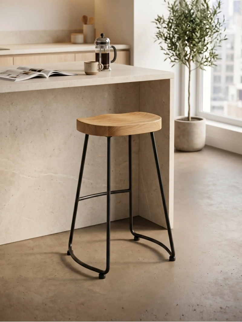 Priemyselná vysoká barová stolička Portland | Masívne jelšové drevo