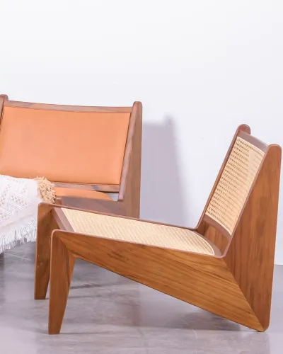 Sillón bajo en madera de teca y ratán natural | Envío Gratis