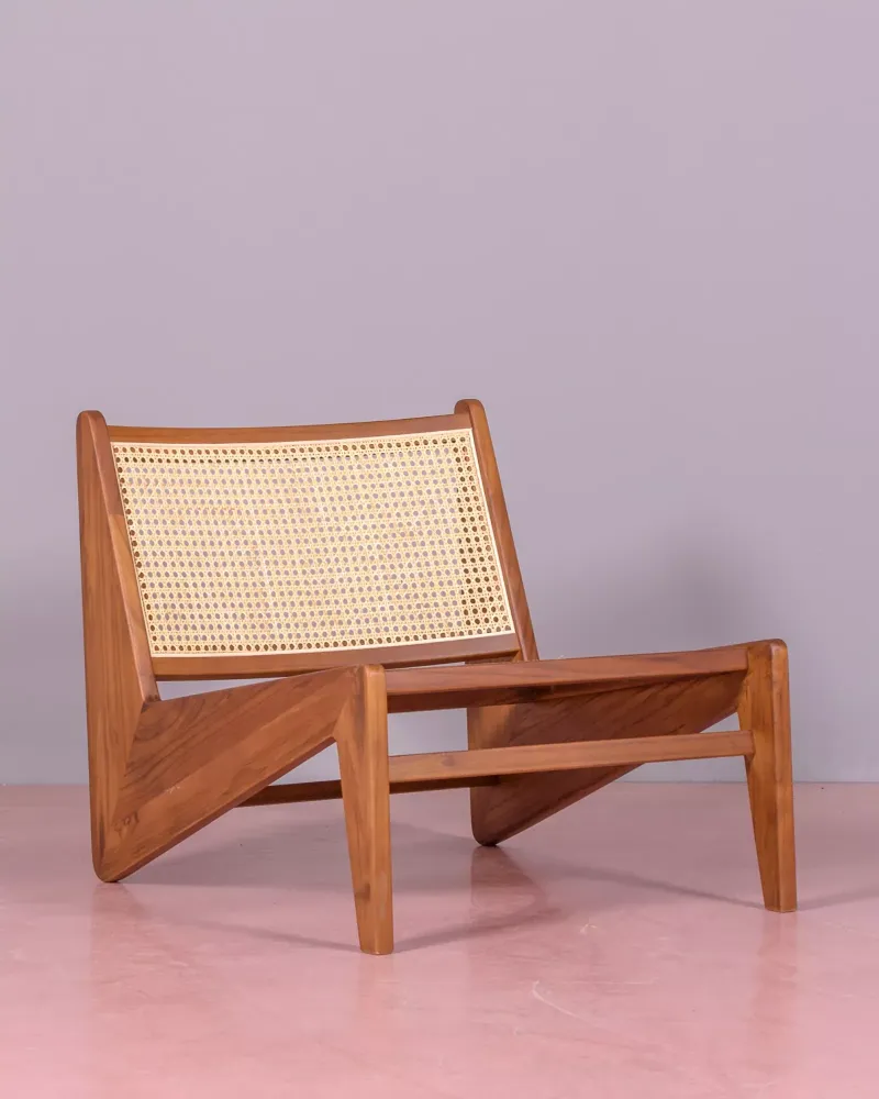 Low armchair in teak wood and natural rattan | Free shipping