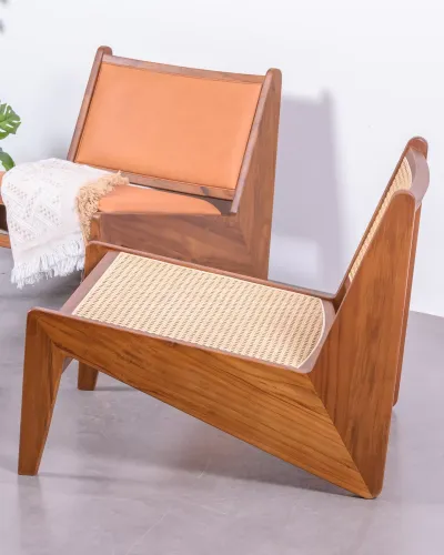 Low armchair in teak wood and natural rattan | Free shipping