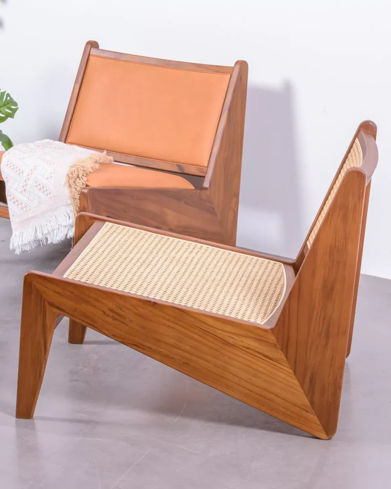 Low armchair in teak wood and natural rattan | Free shipping