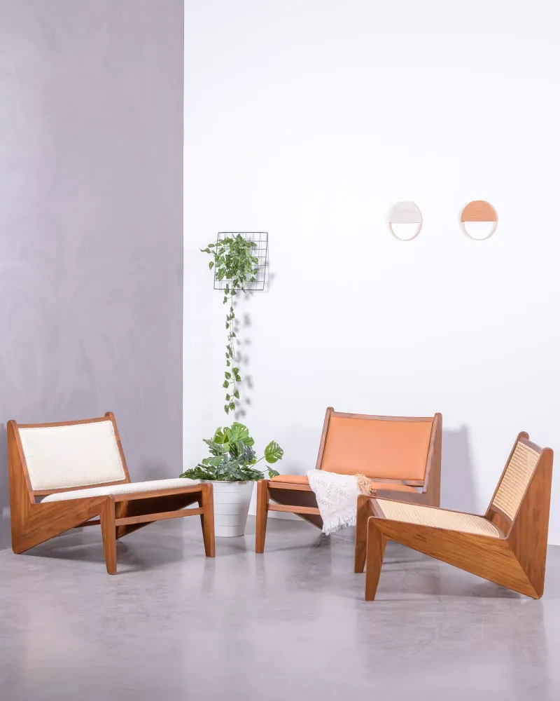 Low armchair in teak wood and natural rattan | Free shipping