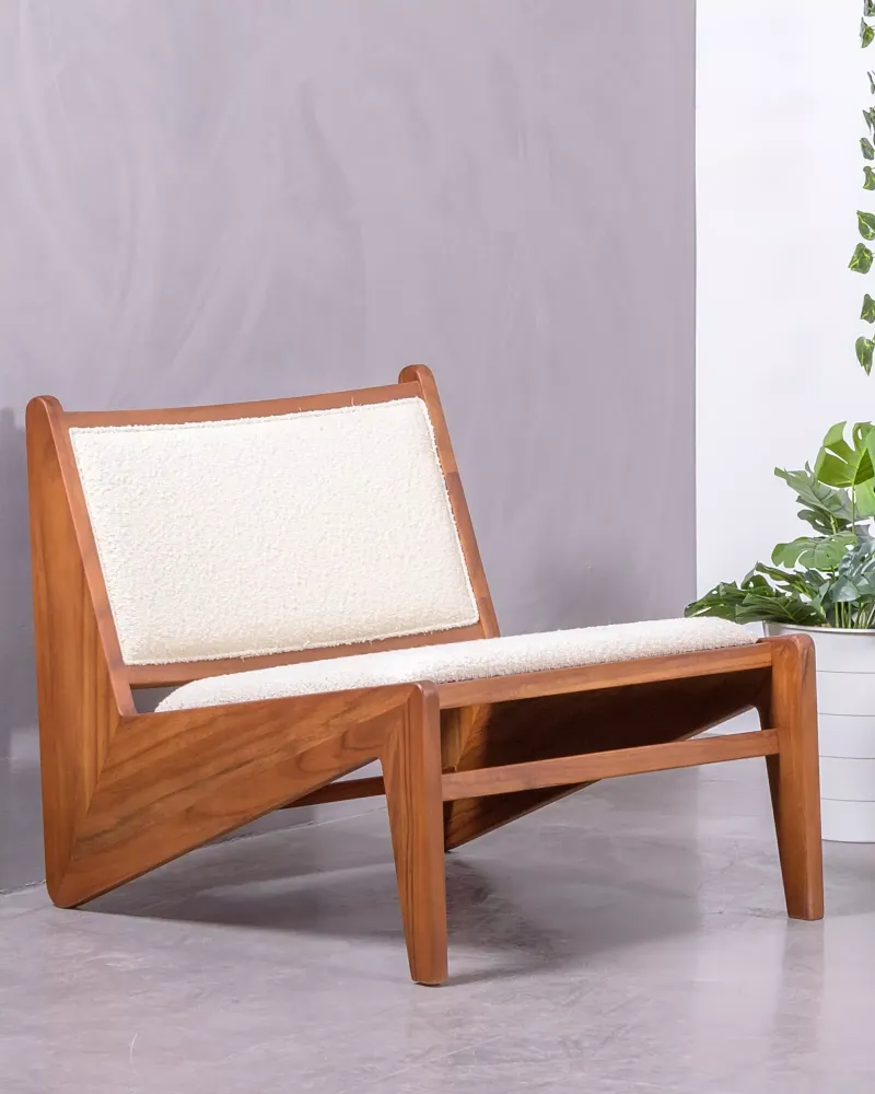 Armchair in teak wood and upholstered in bouclé fabric | Free shipping