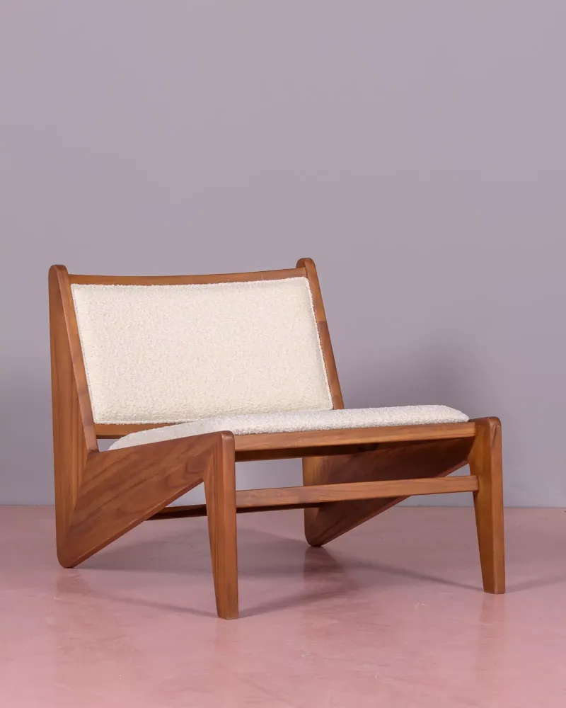 Armchair in teak wood and upholstered in bouclé fabric | Free shipping