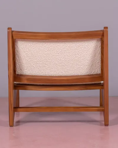 Armchair in teak wood and upholstered in bouclé fabric | Free shipping