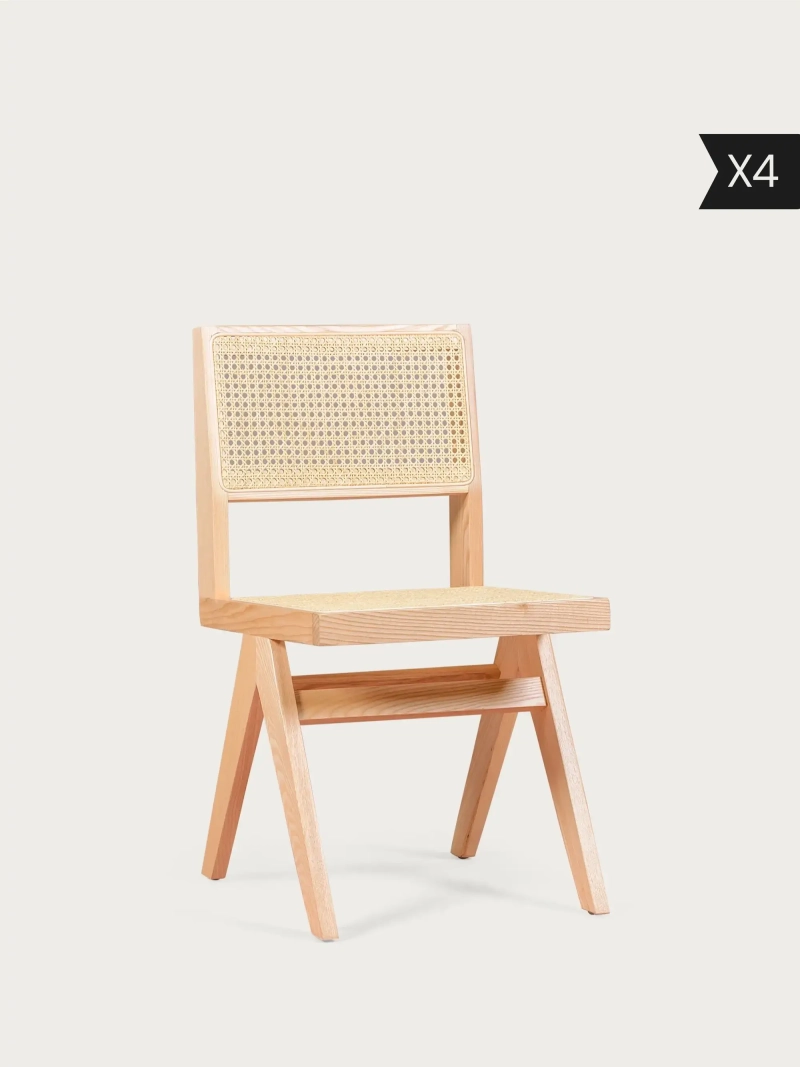Set van 4 Klassieke eetkamerstoel in naturel rotan en essenhout - Intex Compass x4