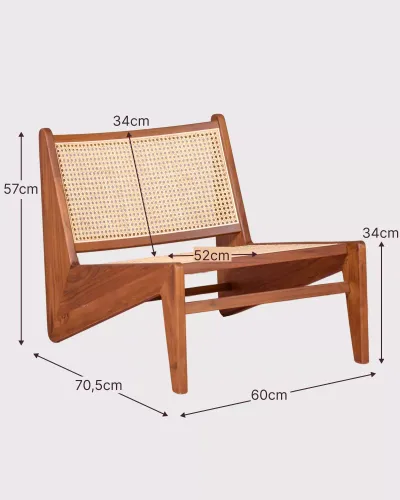 Low armchair in teak wood and natural rattan | Free shipping