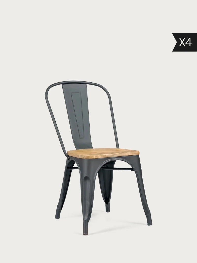 Conjunto de 4 Cadeira metálica com assento em madeira de olmo - Bistro x4