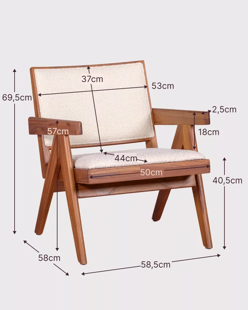 Sillón lounge con reposabrazos Compass en madera y bouclé | Envío Gratis