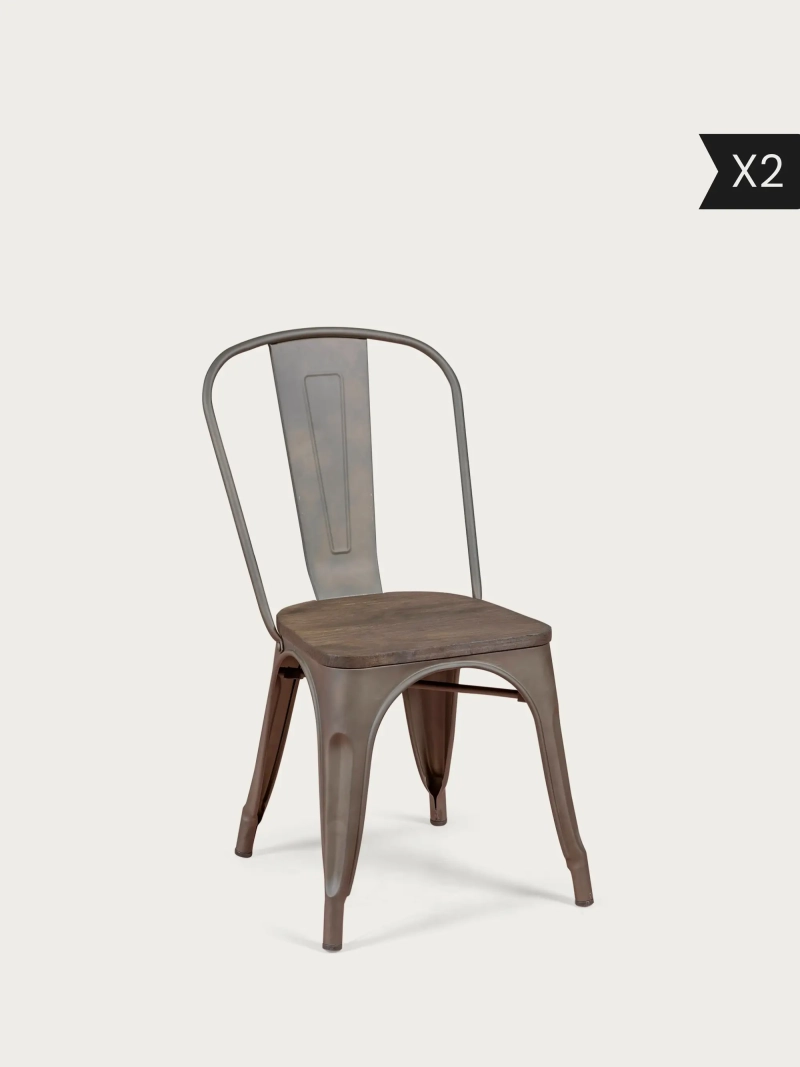 Set of 2 Aged industrial chair with dark wood seat - Bistro x2 NEST DREAM - 1