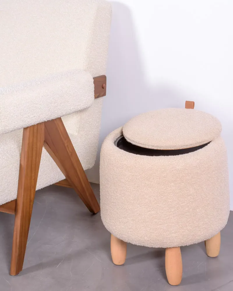 Designer Stool upholstered in bouclé with drawer | 5 years warranty