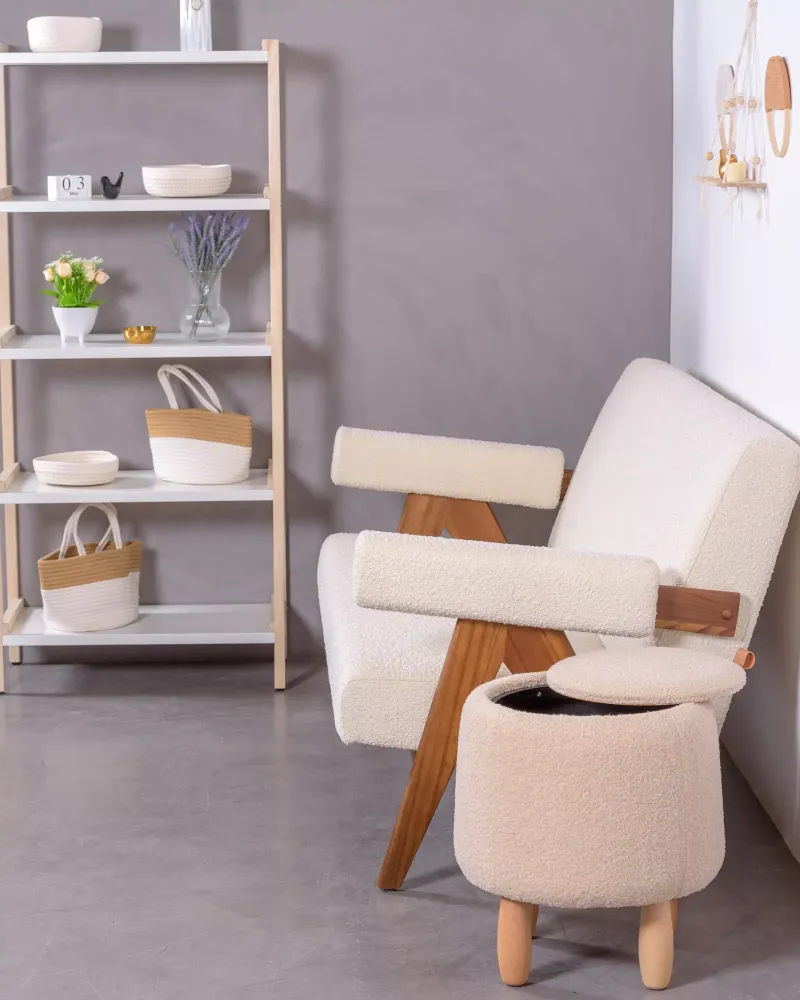 Tabouret design recouvert de bouclé avec tiroir | 5 ans de garantie