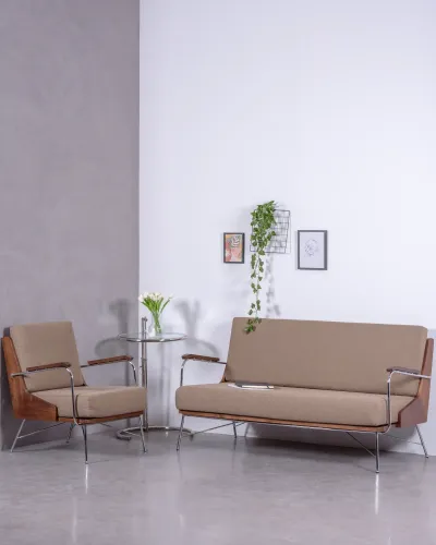 Industrielles Sofa aus massivem Walnussholz | Retro-Möbel