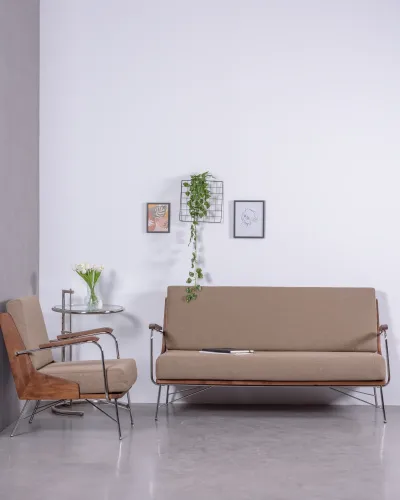 Industrielles Sofa aus massivem Walnussholz | Retro-Möbel