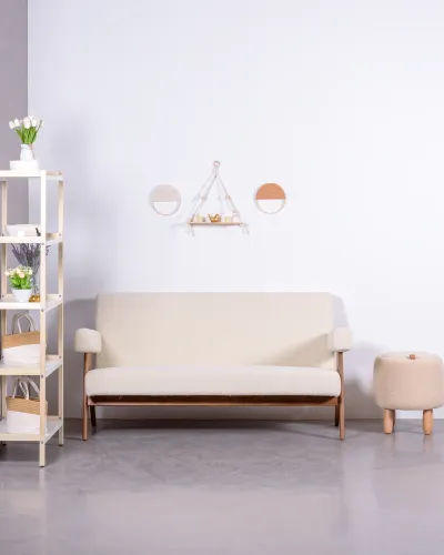 Canapé vintage en bois de teck et revêtement en boucle | Mobilier rétro - Nest Dream