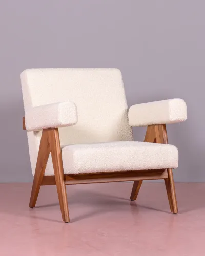 Lounge armchair in teak wood and bouclé fabric - Free Shipping