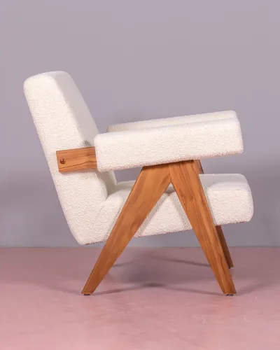 Lounge armchair in teak wood and bouclé fabric - Free Shipping