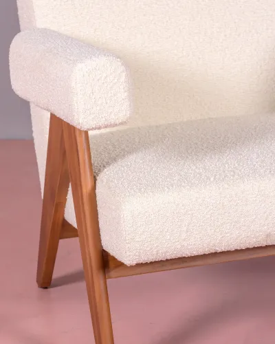 Fauteuil lounge en bois de teck et tissu bouclé - Livraison Gratuite