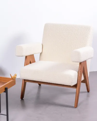 Fauteuil lounge en bois de teck et tissu bouclé - Livraison Gratuite