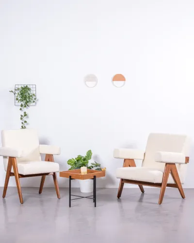 Sillón lounge en madera de teca y tejido bouclé - Envío Gratis