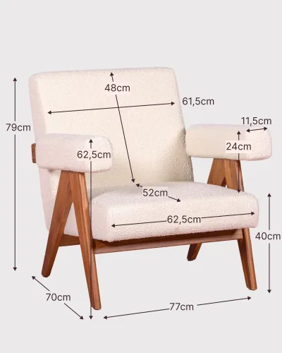 Fauteuil lounge en bois de teck et tissu bouclé - Livraison Gratuite