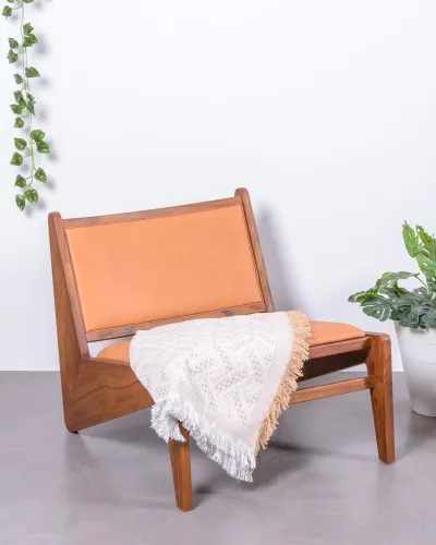 Fauteuil lounge rembourré en bois de teck et cuir italien | Livraison gratuite