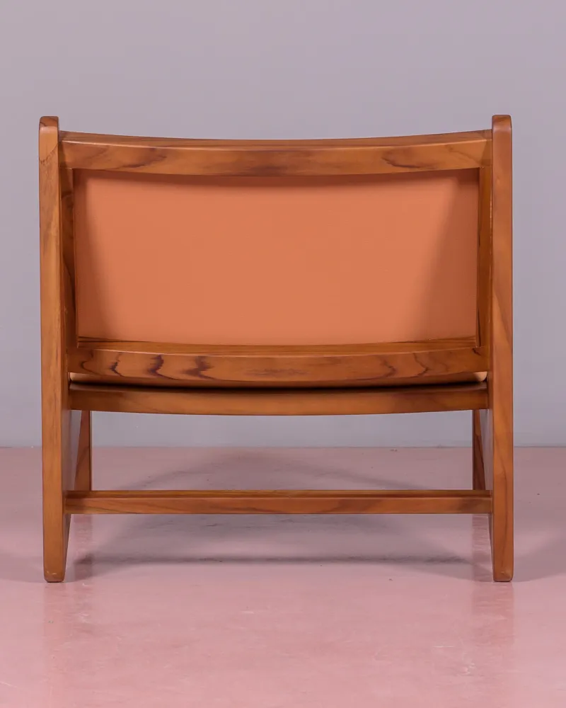 Lounge armchair upholstered in teak wood and Italian leather | Free Shipping