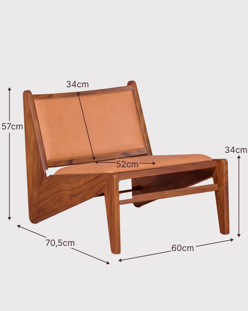 Lounge armchair upholstered in teak wood and Italian leather | Free Shipping