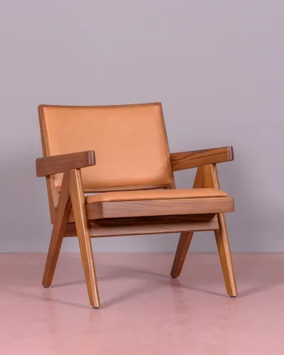 Fauteuil avec accoudoirs en bois de teck et cuir italien - Livraison Gratuite