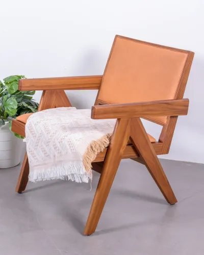 Fauteuil avec accoudoirs en bois de teck et cuir italien - Livraison Gratuite