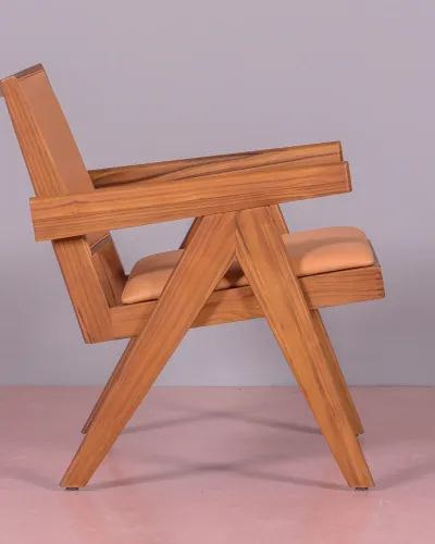 Fauteuil avec accoudoirs en bois de teck et cuir italien - Livraison Gratuite