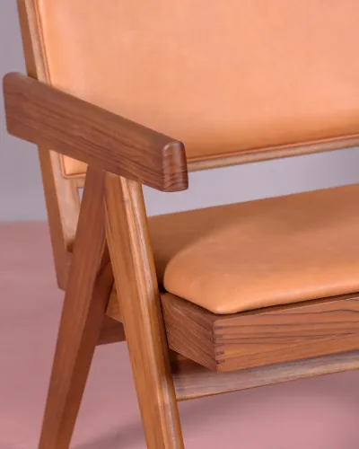 Fauteuil avec accoudoirs en bois de teck et cuir italien - Livraison Gratuite