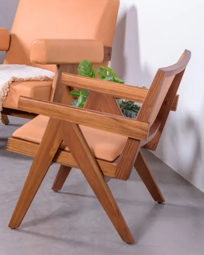 Fauteuil avec accoudoirs en bois de teck et cuir italien - Livraison Gratuite