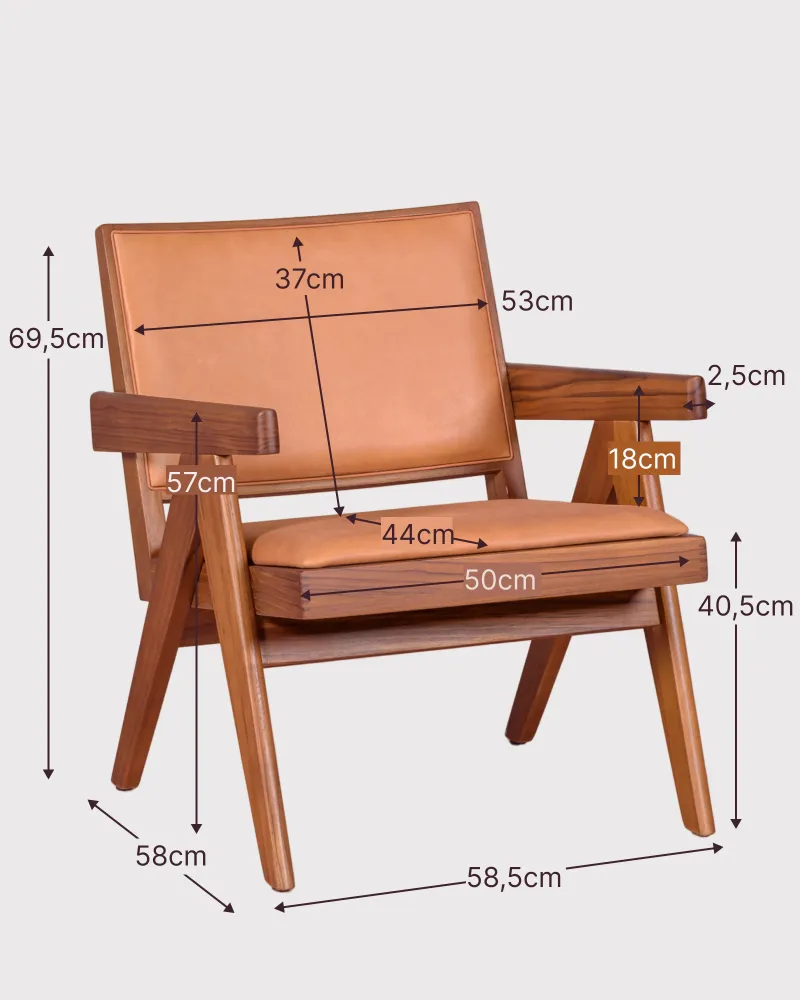 Armchair with armrests in teak wood and Italian leather - Free Shipping