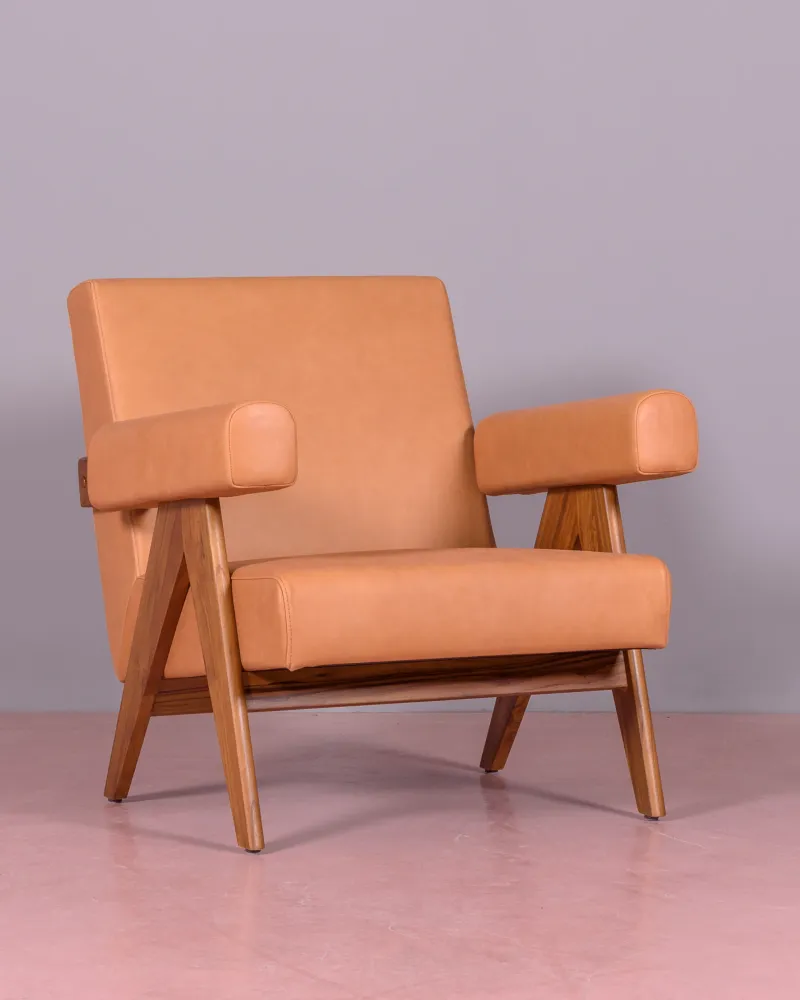 Lounge armchair in teak wood and Italian leather - Free Shipping