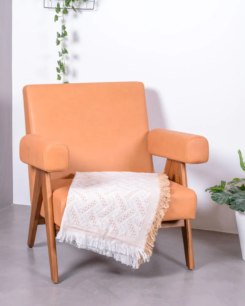 Loungefauteuil in teakhout en Italiaans leer - Gratis verzending