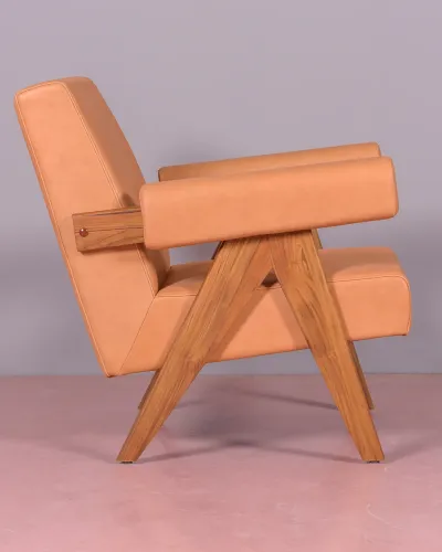 Fauteuil lounge en bois de teck et cuir italien - Livraison Gratuite